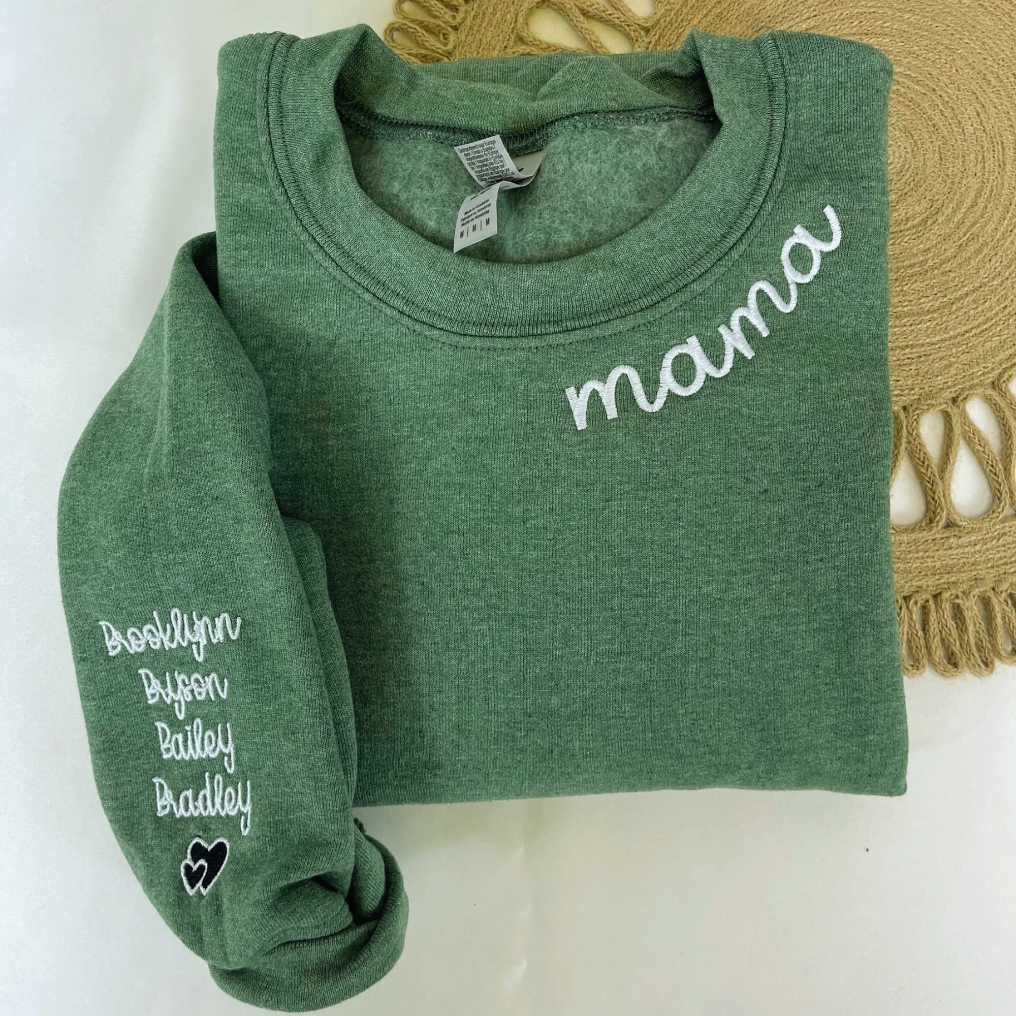 Mama Sweatshirt Embroidered, Custom Mama Crewneck With Kids Names, Heart On Sleeve em4