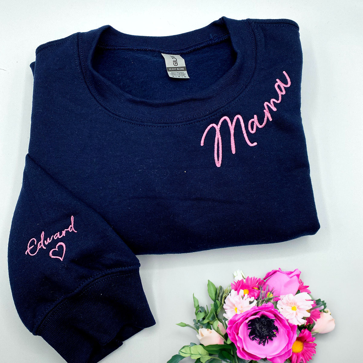 Mama Sweatshirt Embroidered, Custom Mama Crewneck With Kids Names, Heart On Sleeve em4