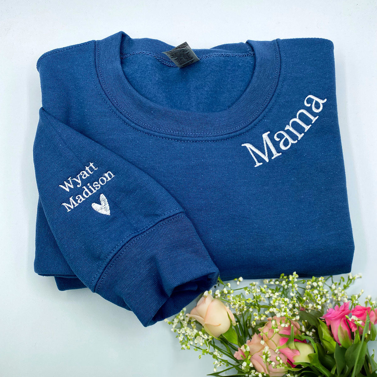 Mama Sweatshirt Embroidered, Custom Mama Crewneck With Kids Names, Heart On Sleeve em4