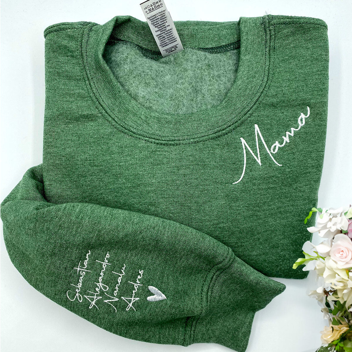 Mama Sweatshirt Embroidered, Custom Mama Crewneck With Kids Names, Heart On Sleeve em4