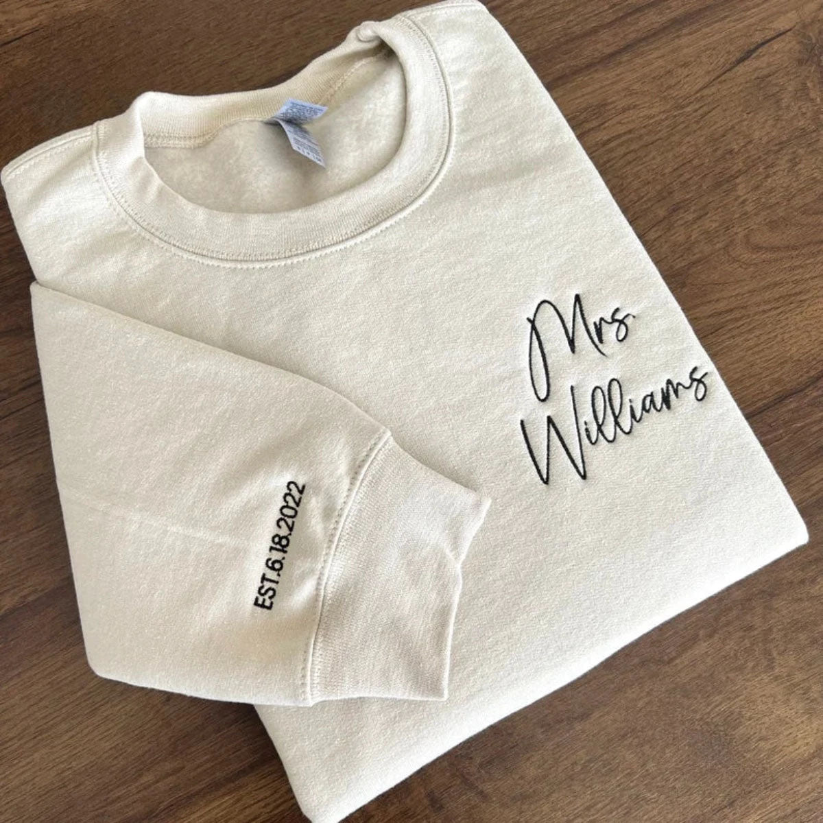 Personalized Future Mrs Sweatshirt Embroidered with Anniversary Date Text Name Initial Heart on Sleeve em4