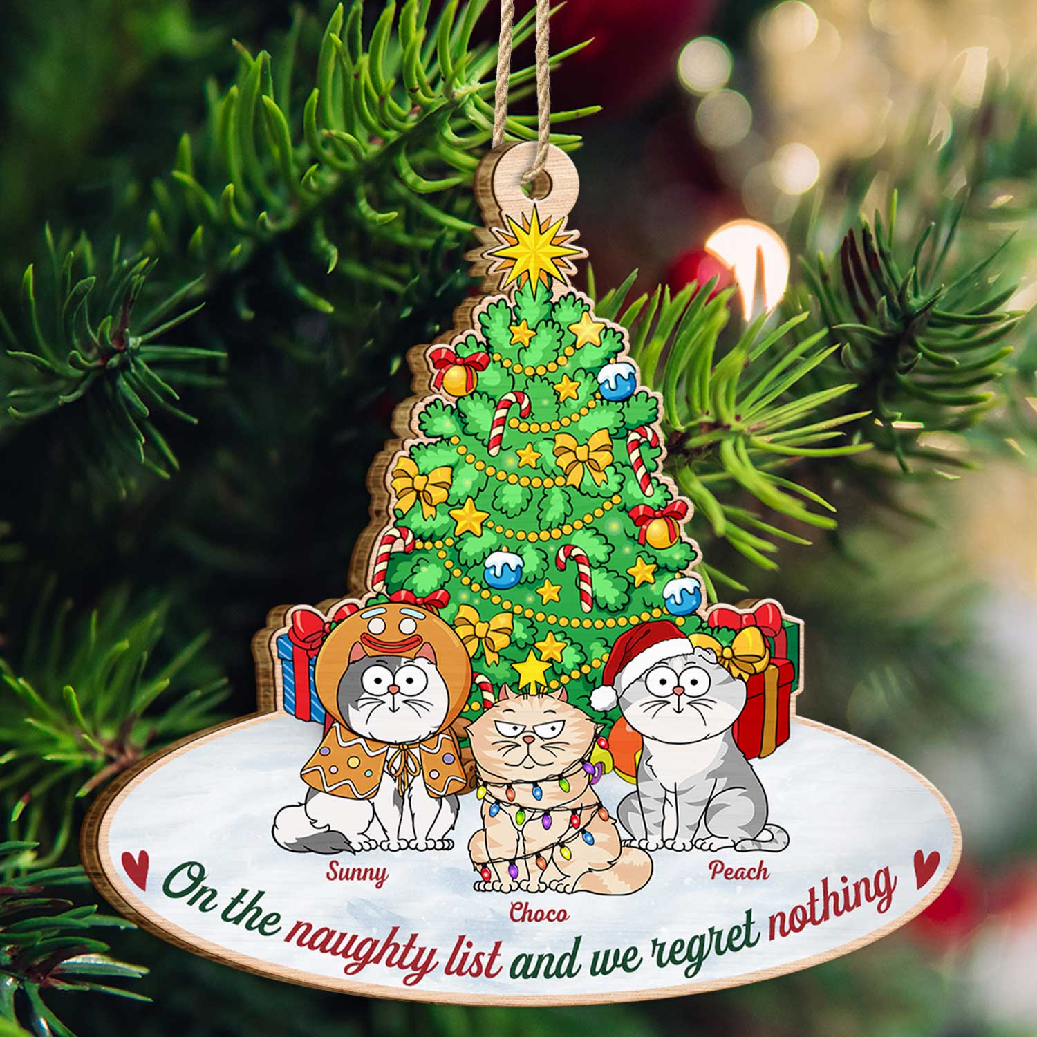 On The Naughty List & We Regret Nothing Funny Cartoon Cats - Christmas Gift For Cat Lovers - Personalized Custom Shaped Wooden Ornament ORNA1210