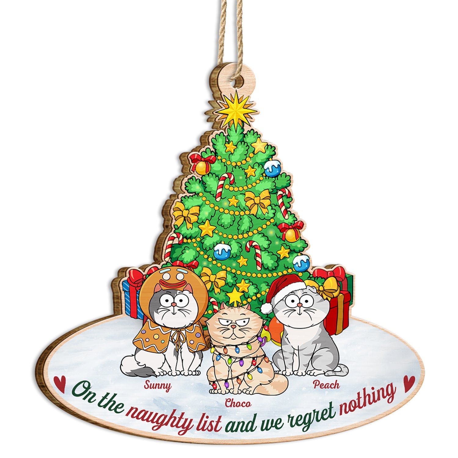 On The Naughty List & We Regret Nothing Funny Cartoon Cats - Christmas Gift For Cat Lovers - Personalized Custom Shaped Wooden Ornament ORNA1210