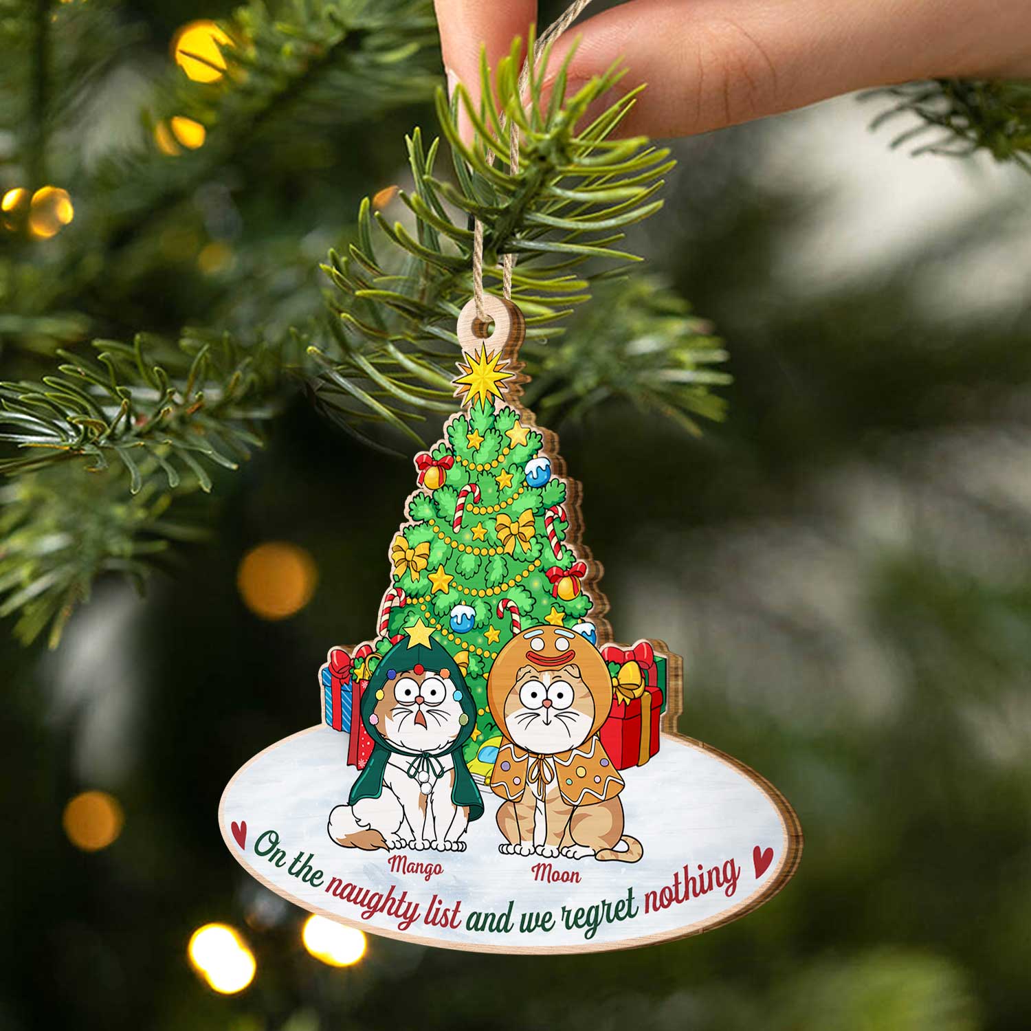 On The Naughty List & We Regret Nothing Funny Cartoon Cats - Christmas Gift For Cat Lovers - Personalized Custom Shaped Wooden Ornament ORNA1210