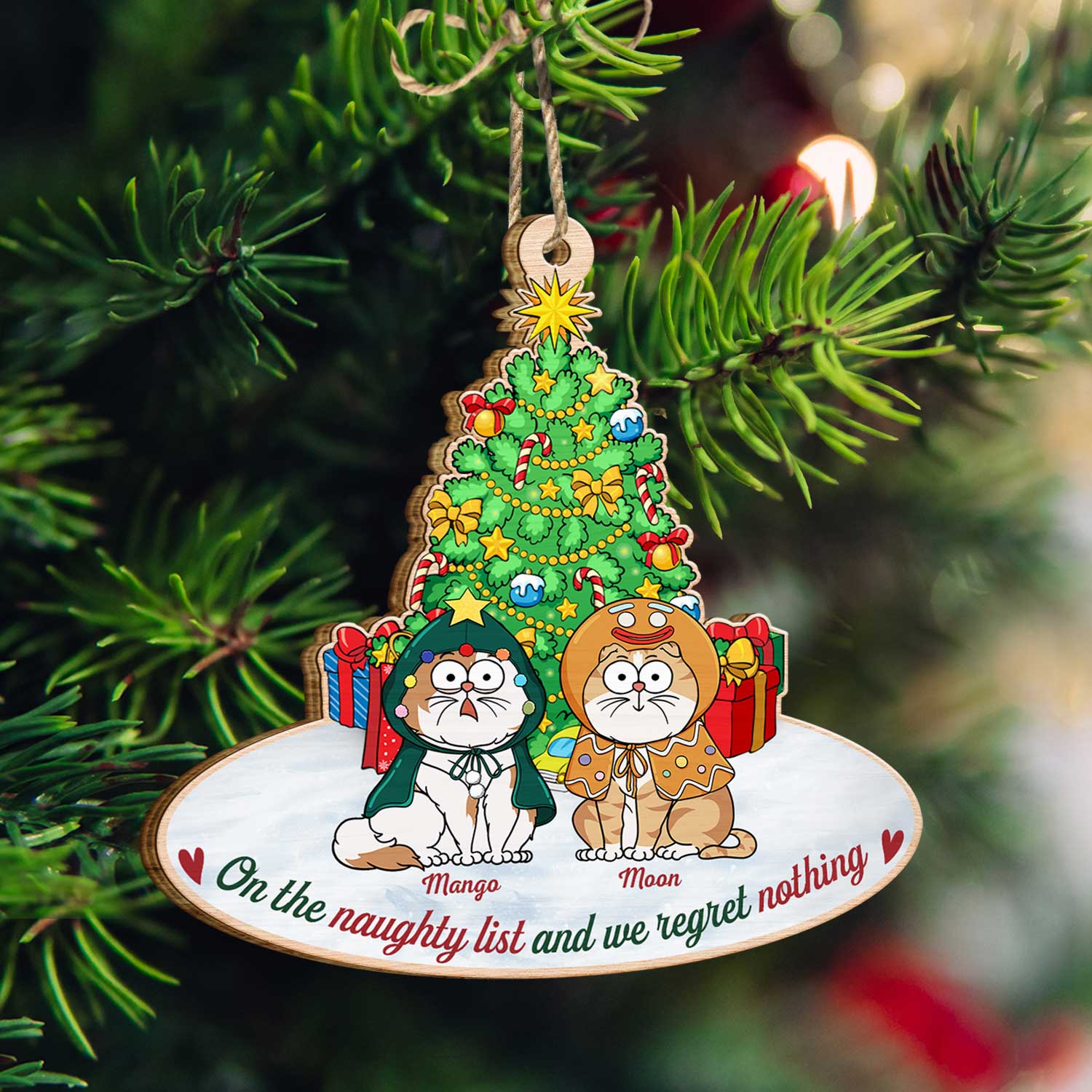 On The Naughty List & We Regret Nothing Funny Cartoon Cats - Christmas Gift For Cat Lovers - Personalized Custom Shaped Wooden Ornament ORNA1210