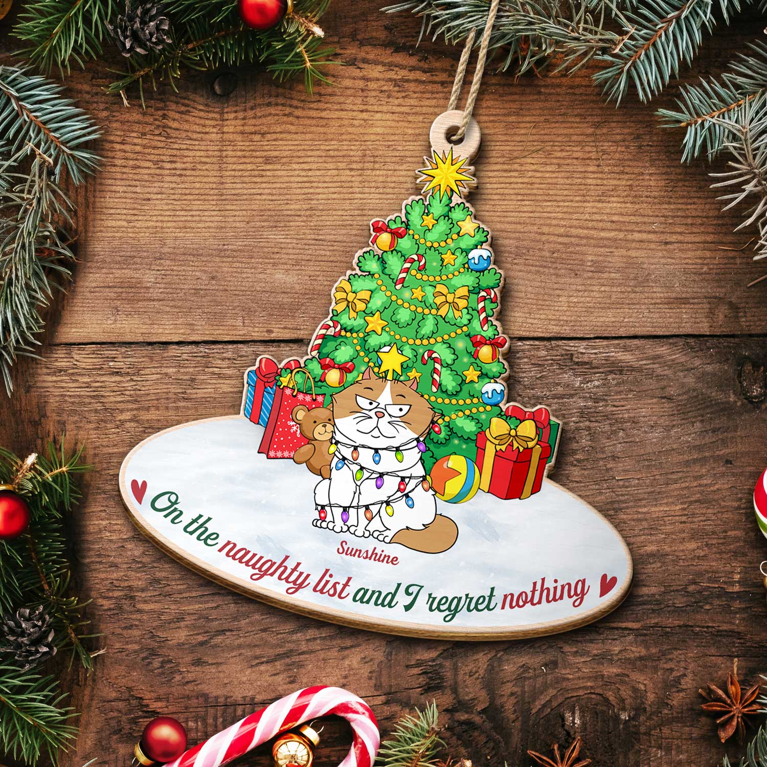 On The Naughty List & We Regret Nothing Funny Cartoon Cats - Christmas Gift For Cat Lovers - Personalized Custom Shaped Wooden Ornament ORNA1210