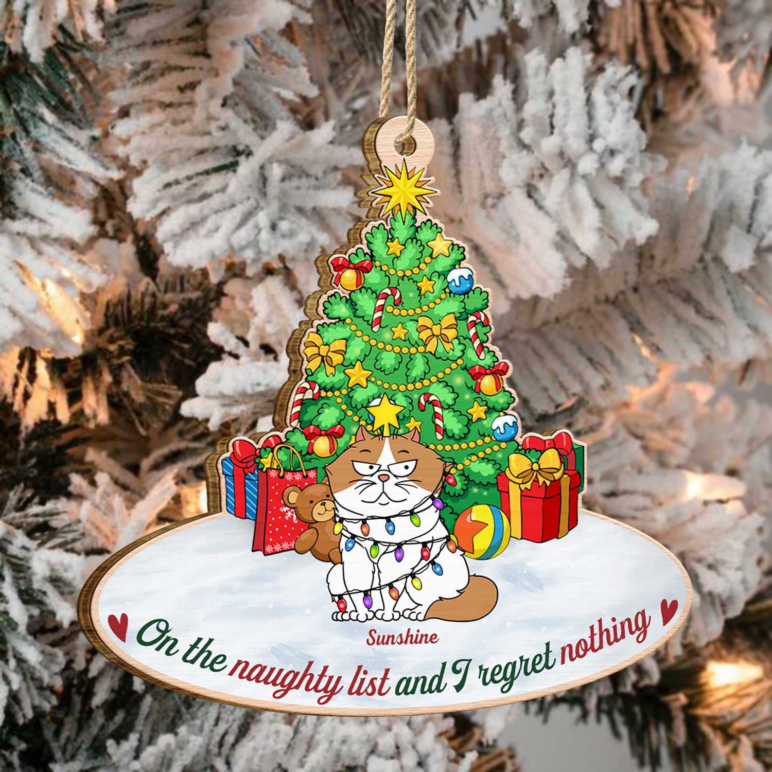 On The Naughty List & We Regret Nothing Funny Cartoon Cats - Christmas Gift For Cat Lovers - Personalized Custom Shaped Wooden Ornament ORNA1210