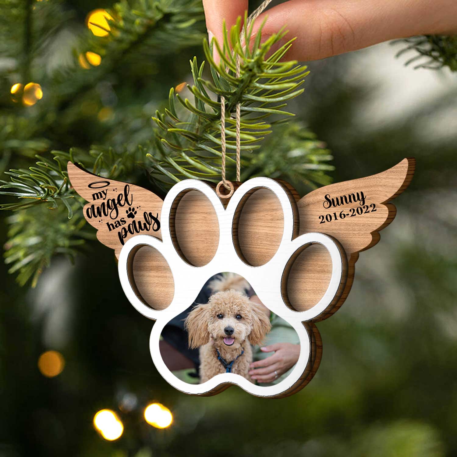 Custom Photo My Angel Has Paws Dog Cat - Pet Memorial Gift, Christmas Gift - Personalized Custom 2-Layered Wooden Ornament ORNA1210