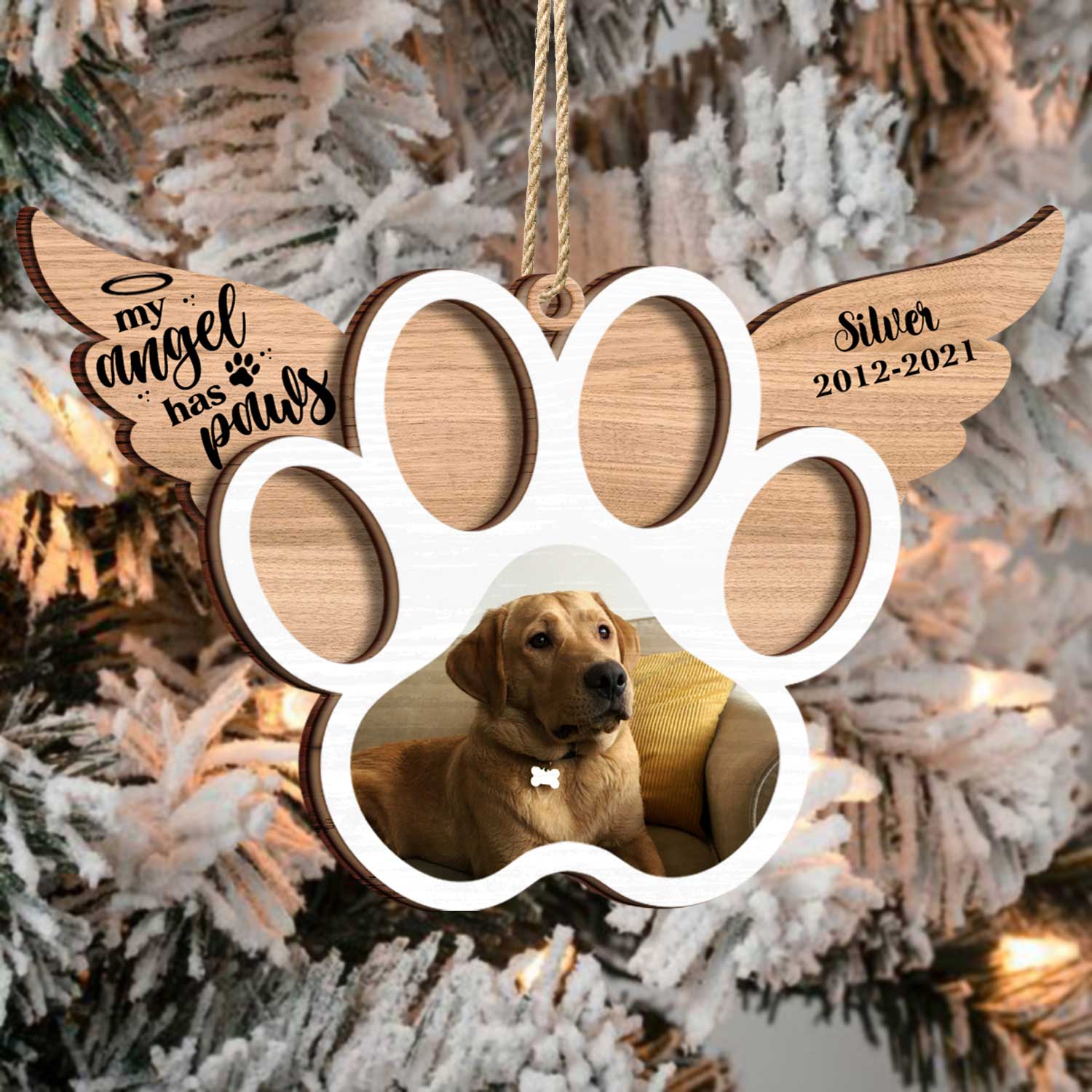 Custom Photo My Angel Has Paws Dog Cat - Pet Memorial Gift, Christmas Gift - Personalized Custom 2-Layered Wooden Ornament ORNA1210