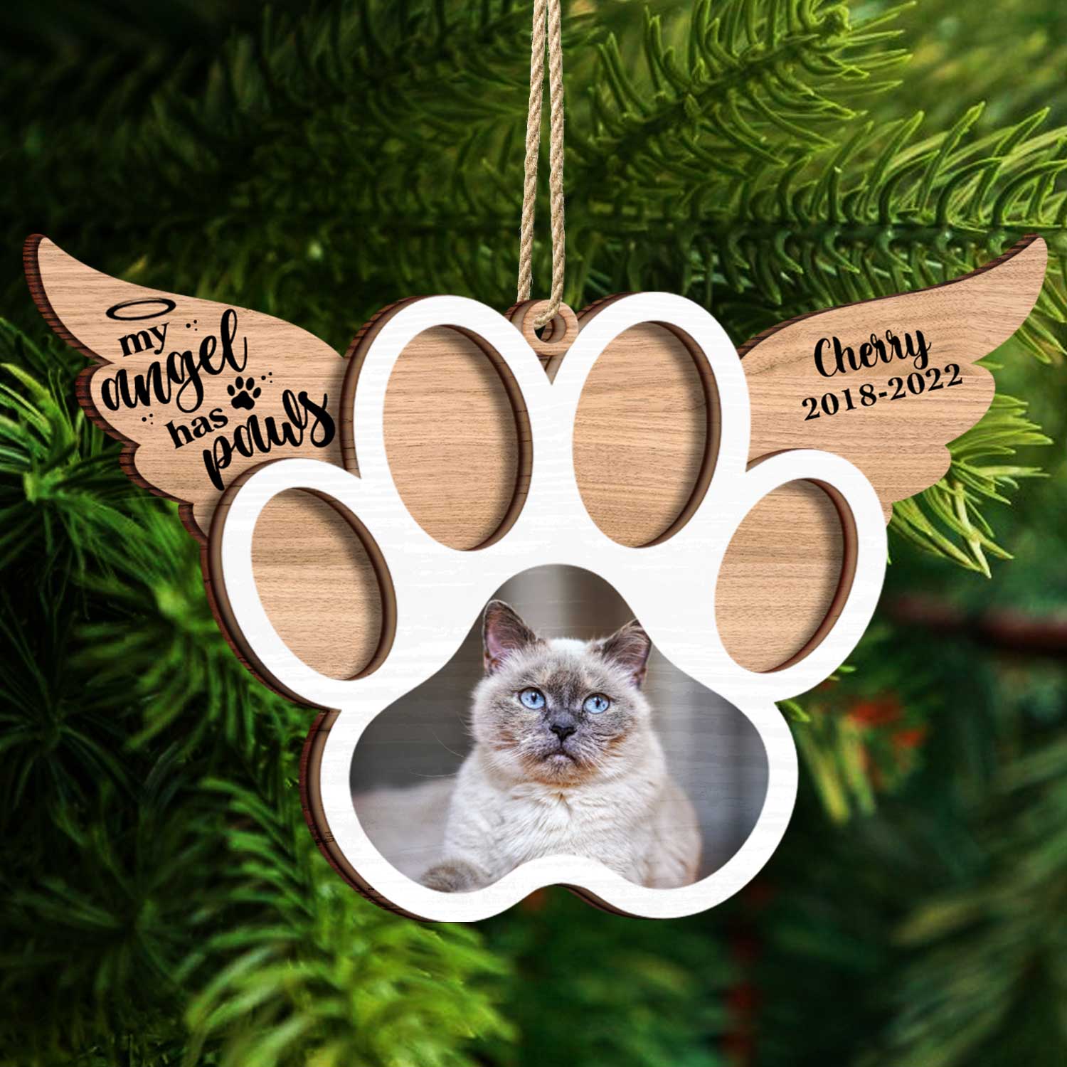 Custom Photo My Angel Has Paws Dog Cat - Pet Memorial Gift, Christmas Gift - Personalized Custom 2-Layered Wooden Ornament ORNA1210