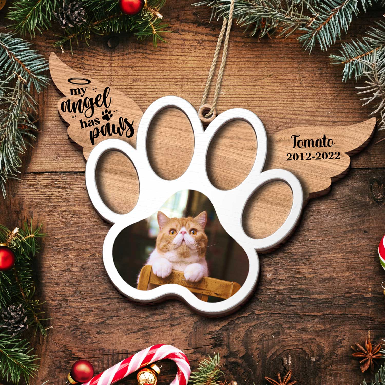 Custom Photo My Angel Has Paws Dog Cat - Pet Memorial Gift, Christmas Gift - Personalized Custom 2-Layered Wooden Ornament ORNA1210