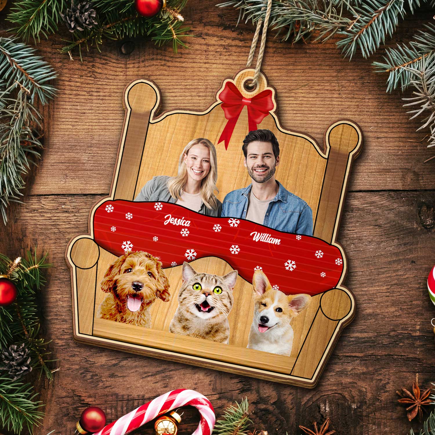 Custom Photo You Me And The Pet - Christmas Gift For Dog Couples - Personalized Custom Shaped Wooden Ornament ORNA1210