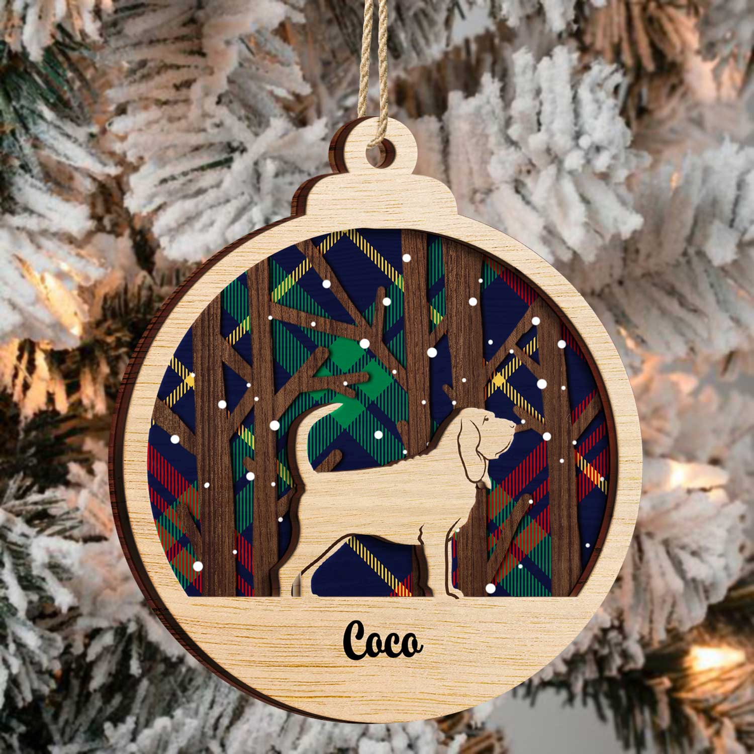 Snow Scene Plaid Wood Dog - Christmas Gift For Dog Lovers - Personalized 2-Layered Wooden Ornament ORNA1210