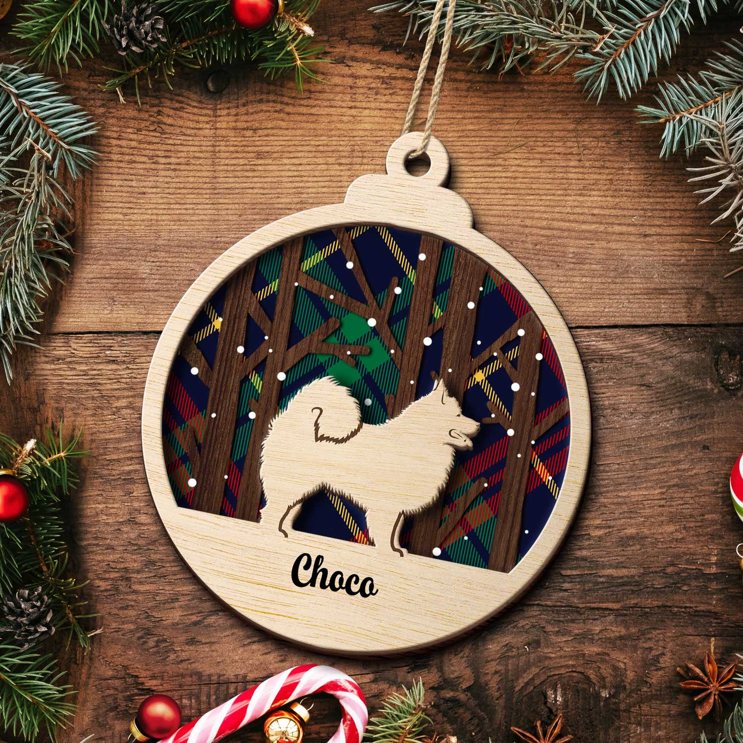 Snow Scene Plaid Wood Dog - Christmas Gift For Dog Lovers - Personalized 2-Layered Wooden Ornament ORNA1210