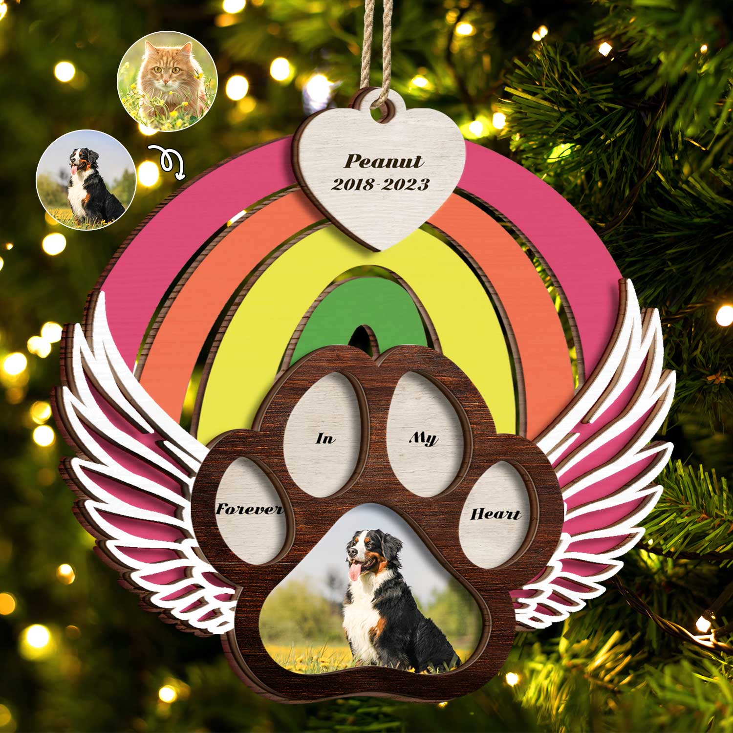 Custom Photo Dog Cat Forever In My Heart - Christmas Keepsake, Pet Memorial Gift - Personalized 2-Layered Wooden Ornament ORNA1210