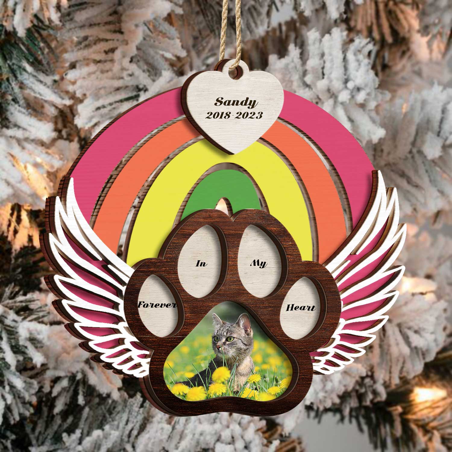 Custom Photo Dog Cat Forever In My Heart - Christmas Keepsake, Pet Memorial Gift - Personalized 2-Layered Wooden Ornament ORNA1210