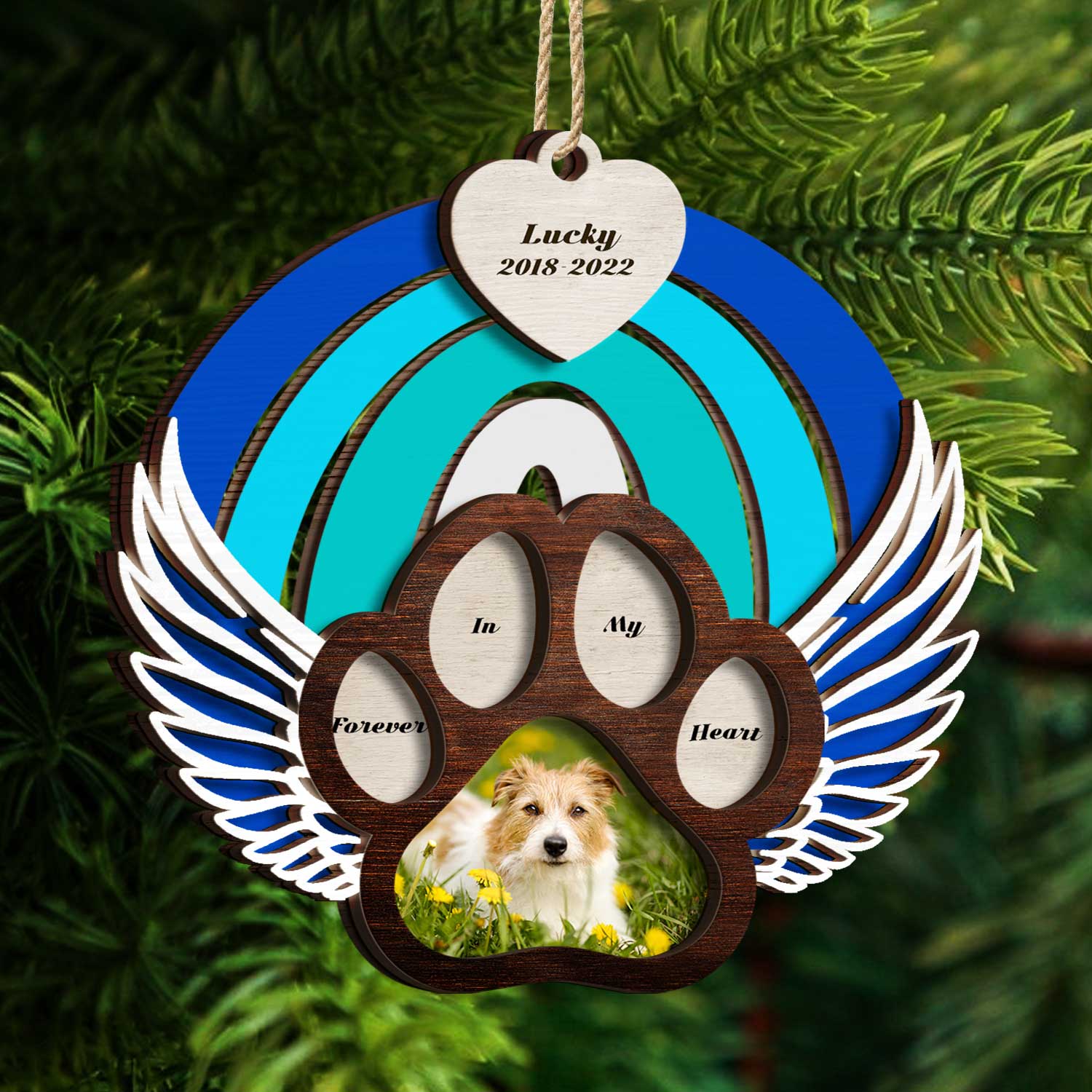 Custom Photo Dog Cat Forever In My Heart - Christmas Keepsake, Pet Memorial Gift - Personalized 2-Layered Wooden Ornament ORNA1210