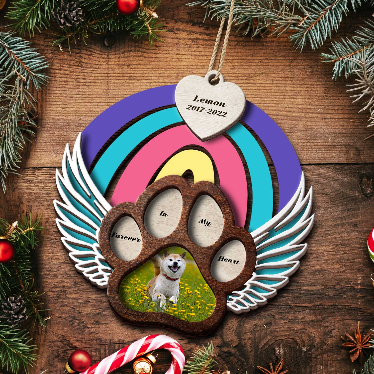 Custom Photo Dog Cat Forever In My Heart - Christmas Keepsake, Pet Memorial Gift - Personalized 2-Layered Wooden Ornament ORNA1210