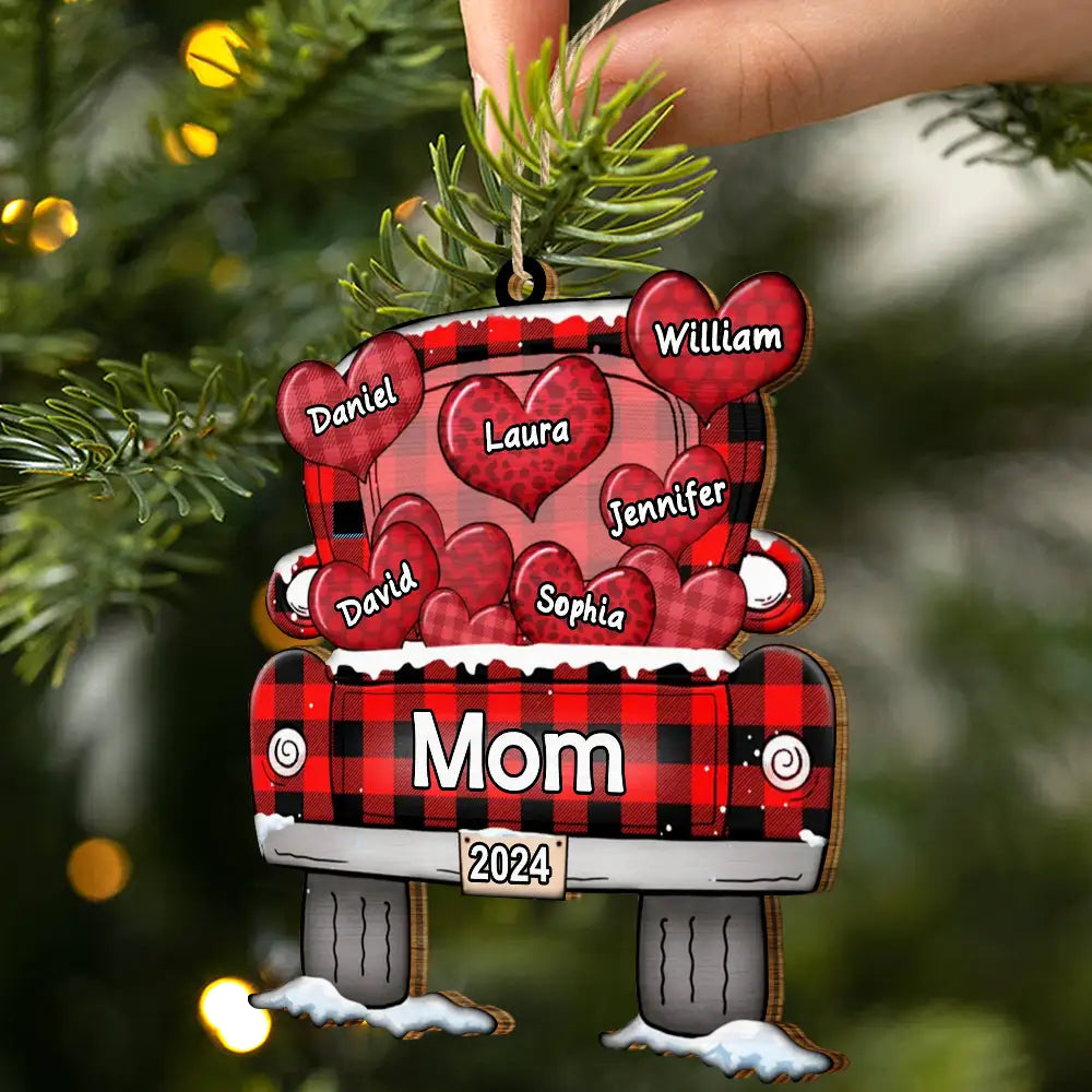 Mom Dad Grandma Grandpa Truck Loading Hearts - Personalized Wooden Cutout Ornament ORNA1210
