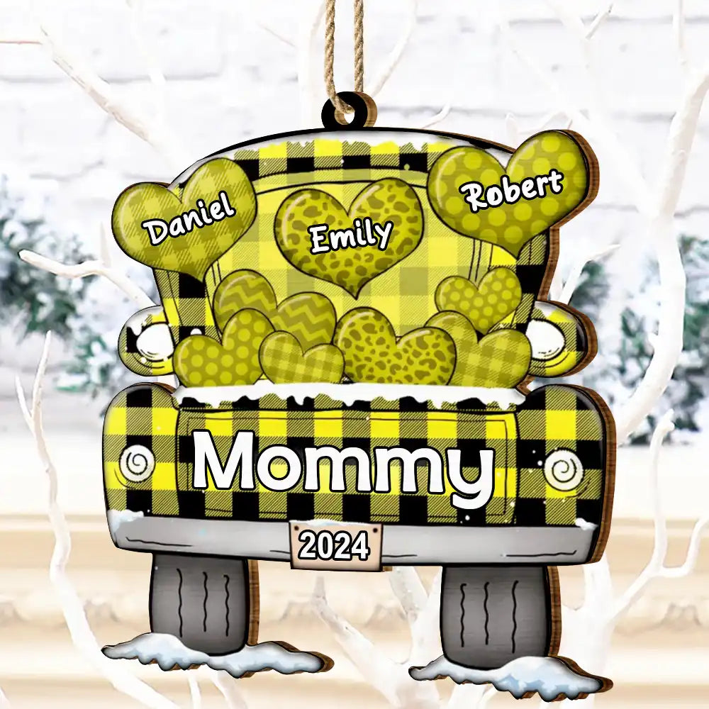 Mom Dad Grandma Grandpa Truck Loading Hearts - Personalized Wooden Cutout Ornament ORNA1210