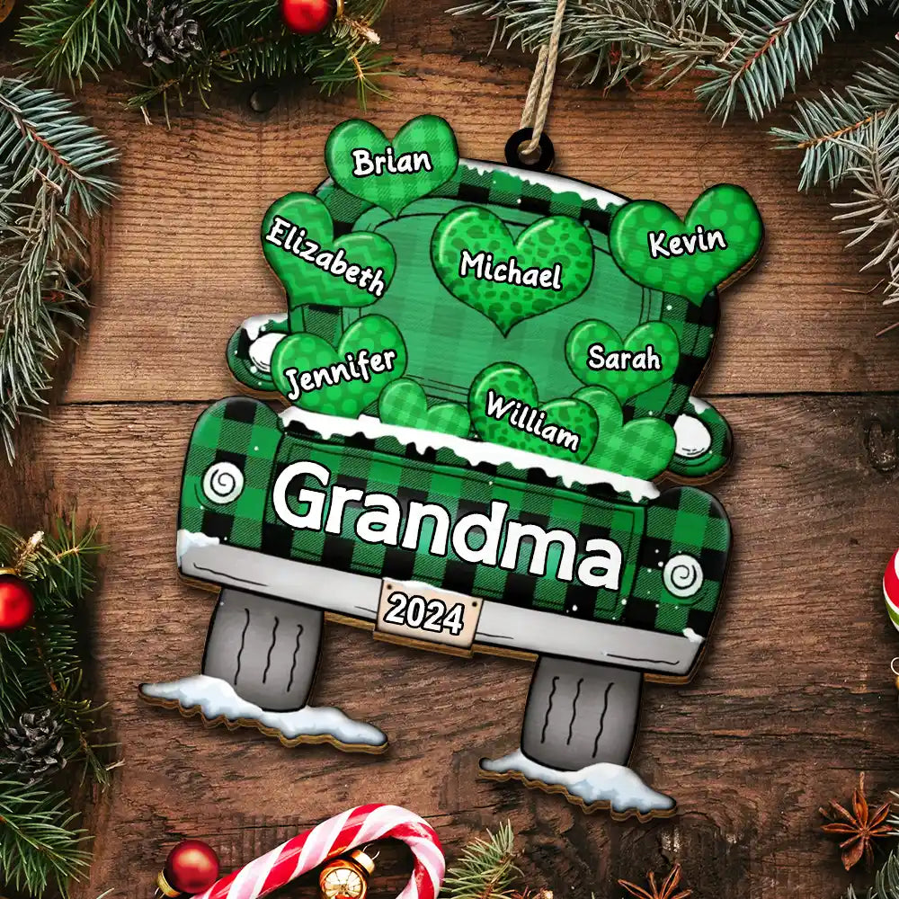 Mom Dad Grandma Grandpa Truck Loading Hearts - Personalized Wooden Cutout Ornament ORNA1210