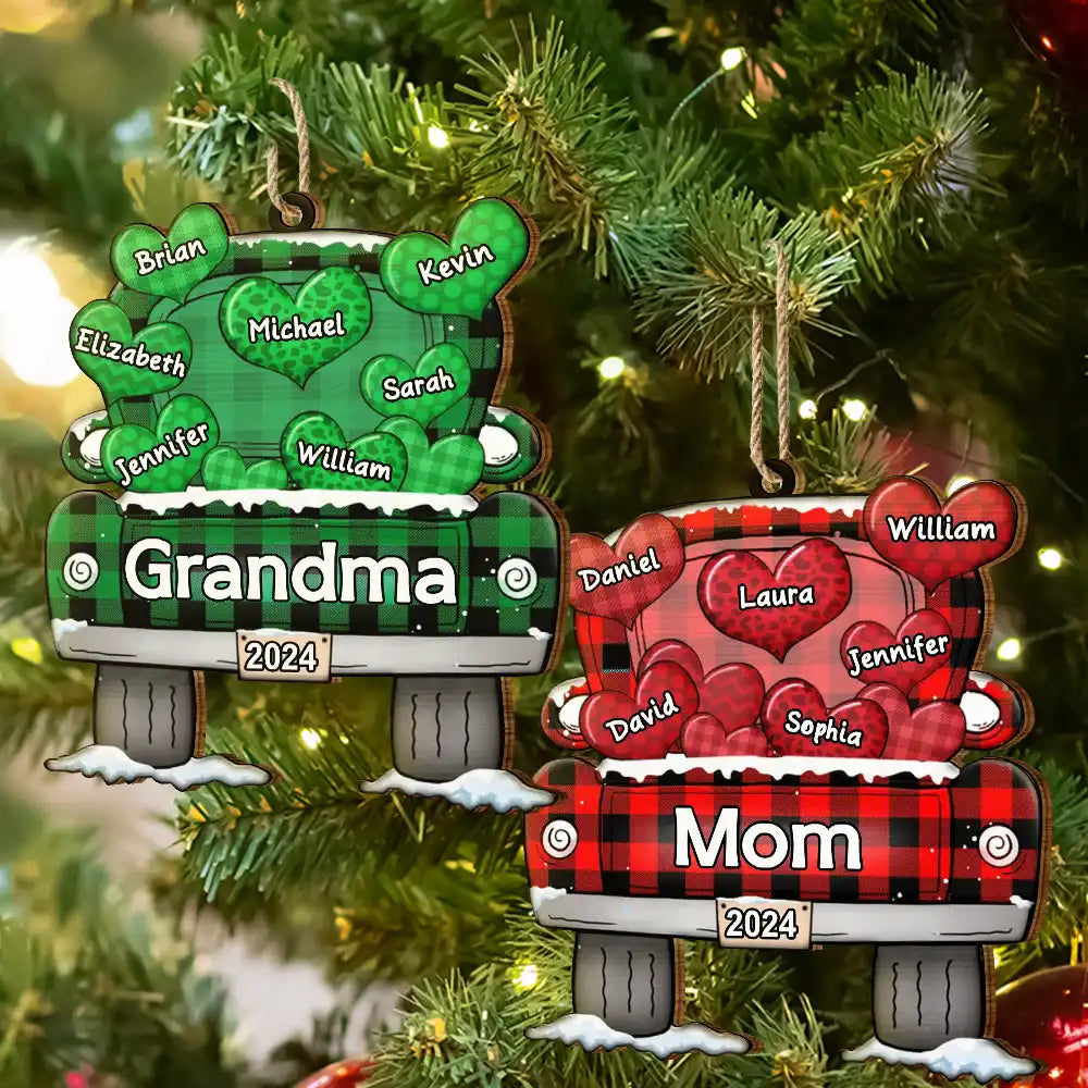 Mom Dad Grandma Grandpa Truck Loading Hearts - Personalized Wooden Cutout Ornament ORNA1210
