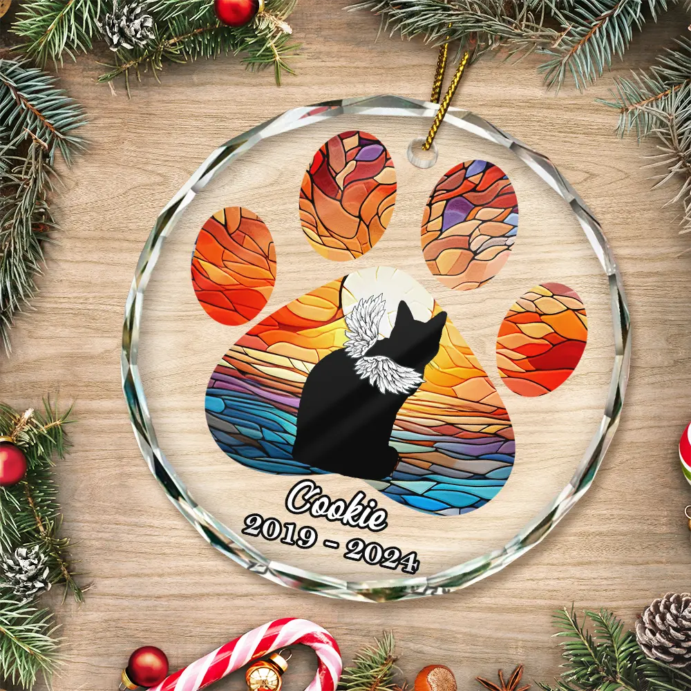 Christmas Memorial Cat Loss Pet Paw - Personalized Circle Glass Ornament ORNA1210