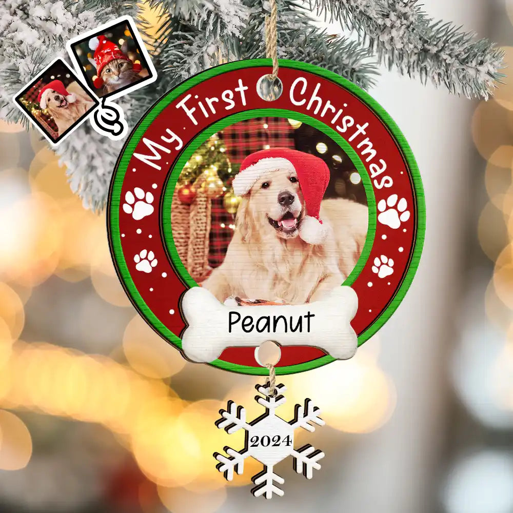 Custom Photo Dog Cat Pet's First Christmas - Personalized Mix Ornament With Wooden Tag ORNA1210