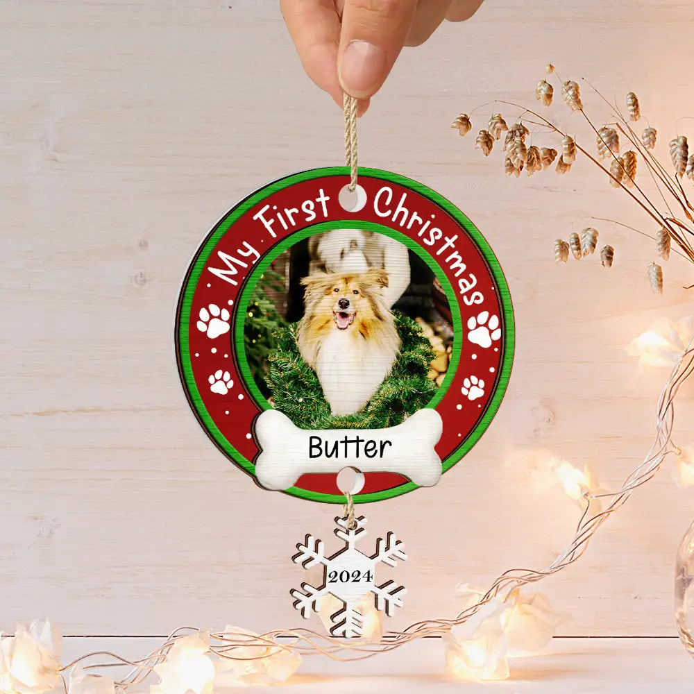 Custom Photo Dog Cat Pet's First Christmas - Personalized Mix Ornament With Wooden Tag ORNA1210