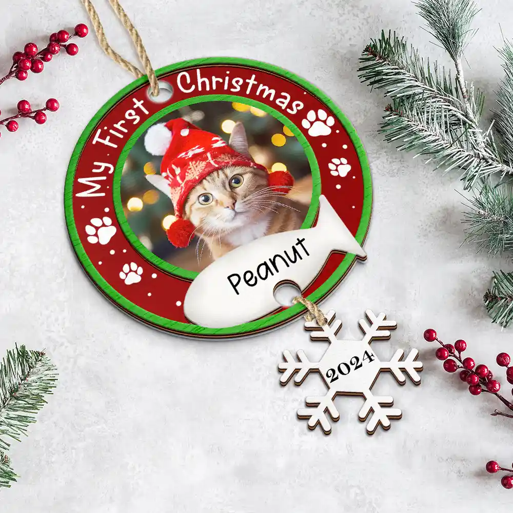 Custom Photo Dog Cat Pet's First Christmas - Personalized Mix Ornament With Wooden Tag ORNA1210