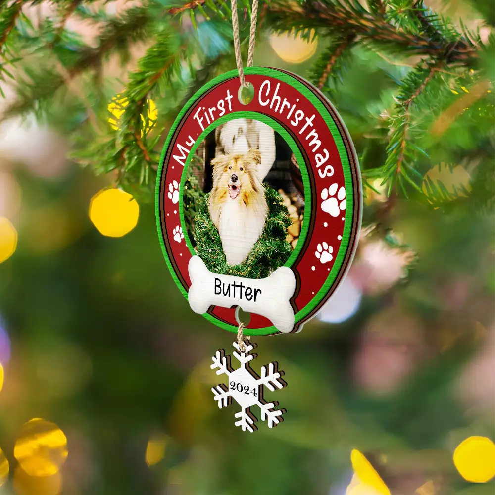 Custom Photo Dog Cat Pet's First Christmas - Personalized Mix Ornament With Wooden Tag ORNA1210
