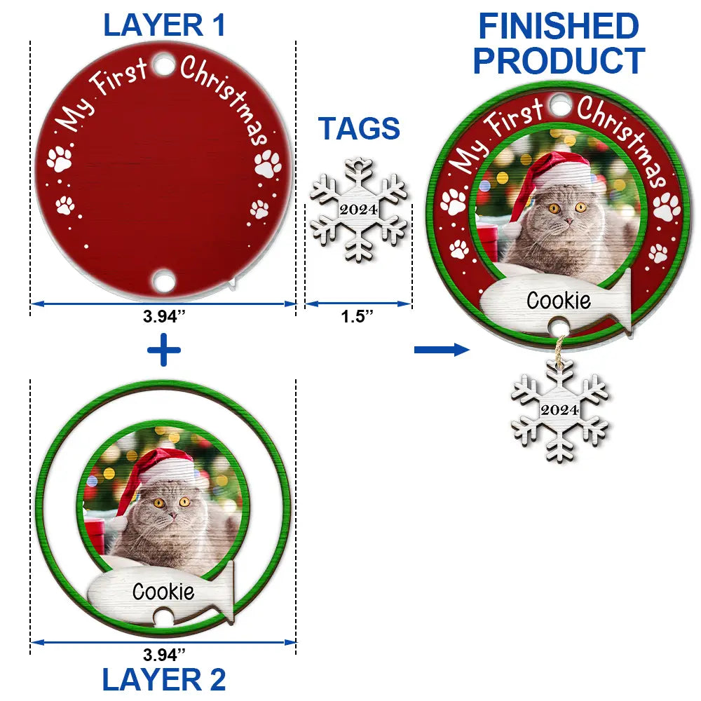 Custom Photo Dog Cat Pet's First Christmas - Personalized Mix Ornament With Wooden Tag ORNA1210