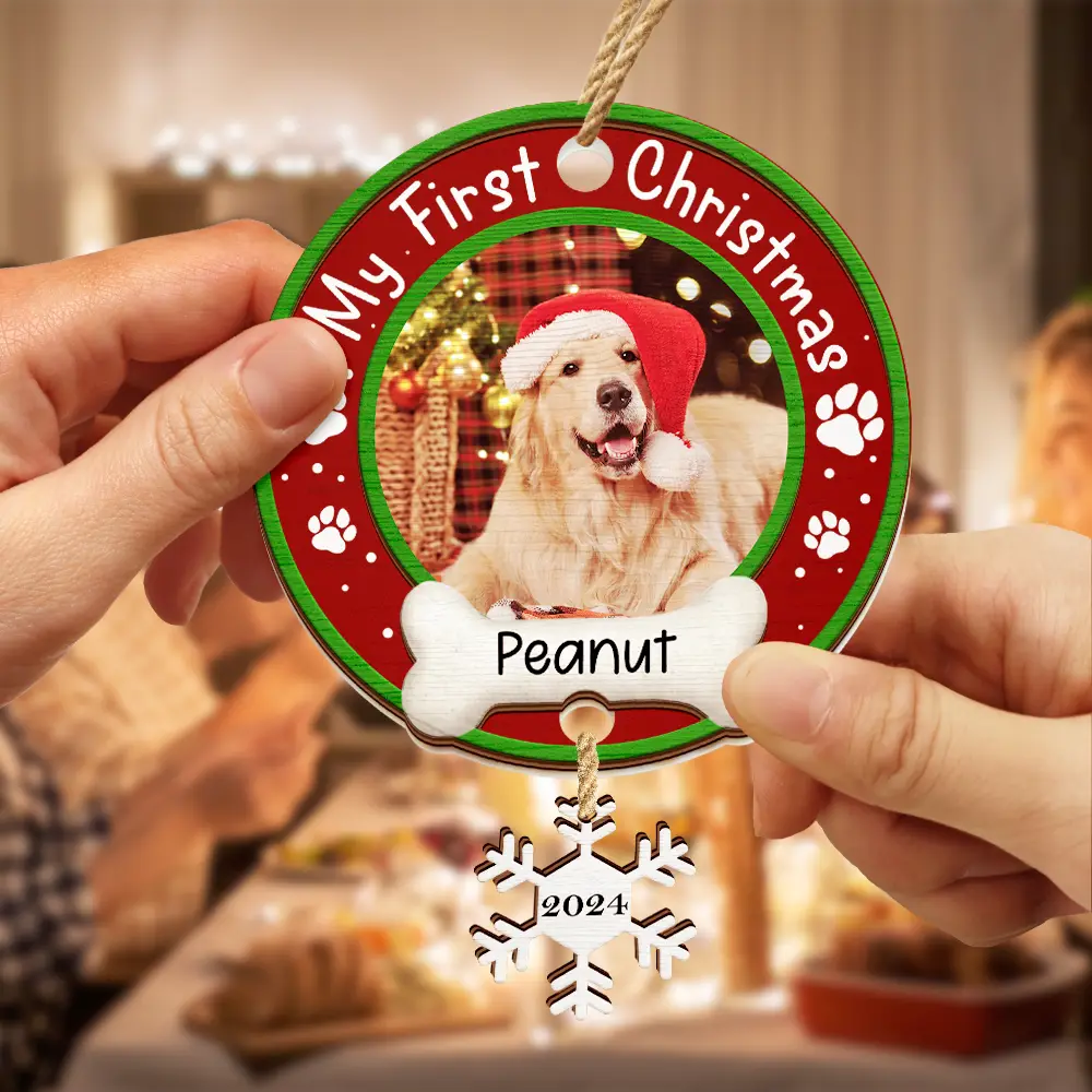 Custom Photo Dog Cat Pet's First Christmas - Personalized Mix Ornament With Wooden Tag ORNA1210