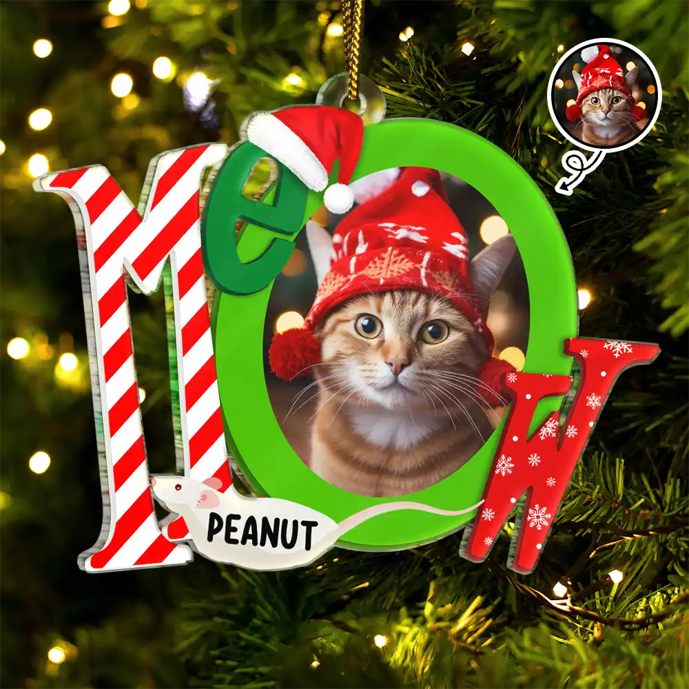 Custom Photo Cat Meowy Christmas - Personalized Custom Shaped Acrylic Ornament ORNA1210