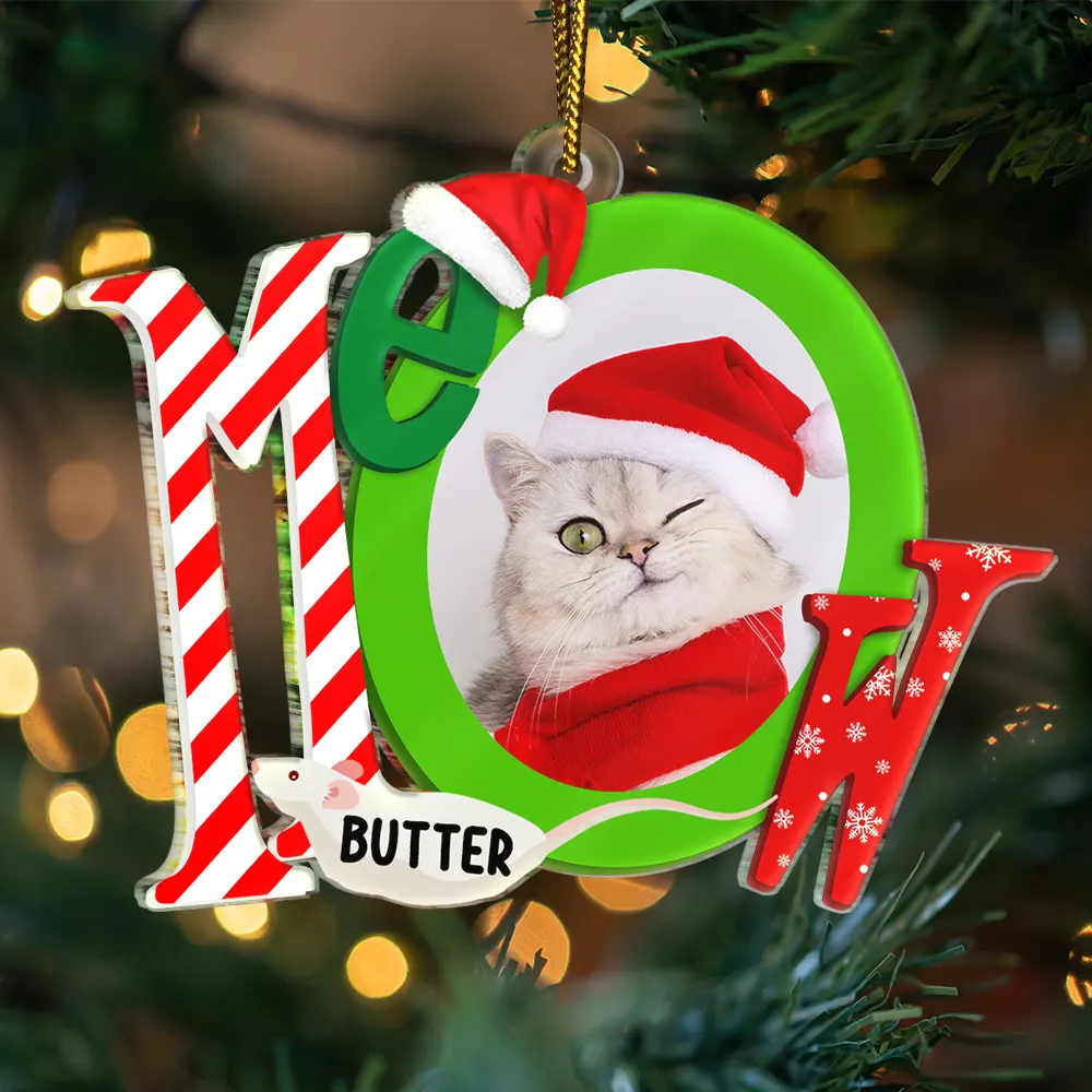 Custom Photo Cat Meowy Christmas - Personalized Custom Shaped Acrylic Ornament ORNA1210