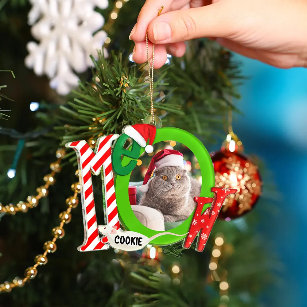 Custom Photo Cat Meowy Christmas - Personalized Custom Shaped Acrylic Ornament ORNA1210