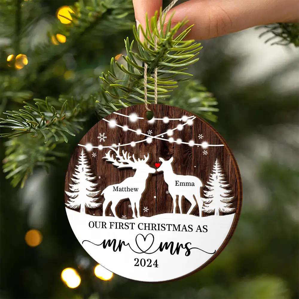 Deer Couple Our First Christmas As Mr. & Mrs. - Personalized 2-Layered Wooden Ornament ORNA1210