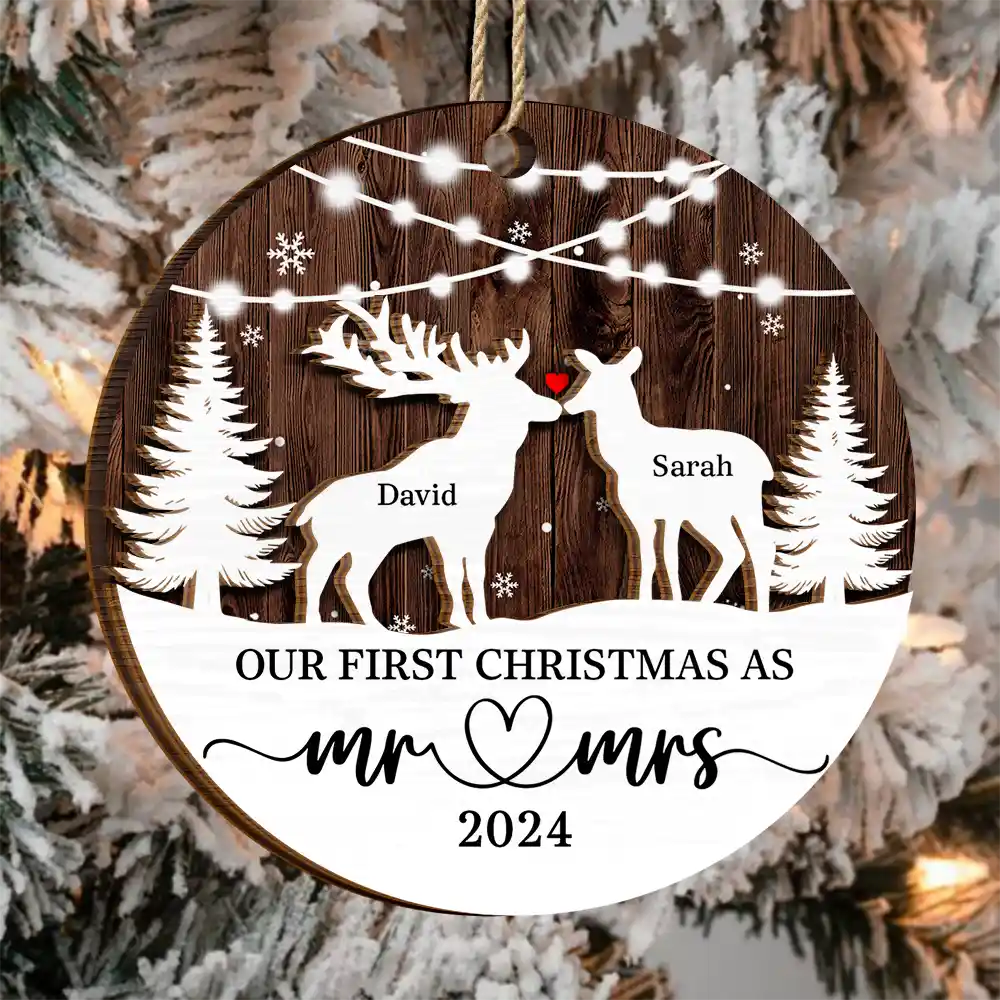 Deer Couple Our First Christmas As Mr. & Mrs. - Personalized 2-Layered Wooden Ornament ORNA1210