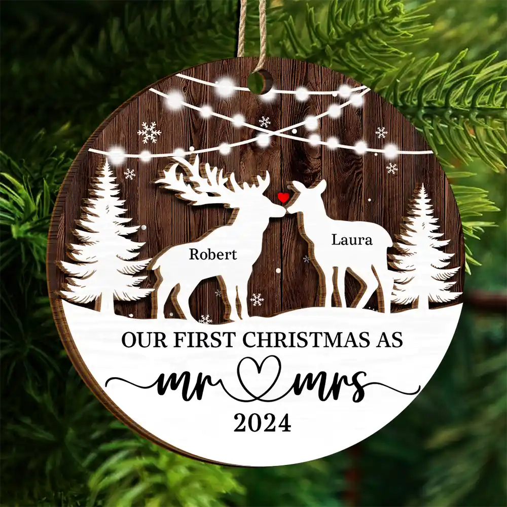 Deer Couple Our First Christmas As Mr. & Mrs. - Personalized 2-Layered Wooden Ornament ORNA1210