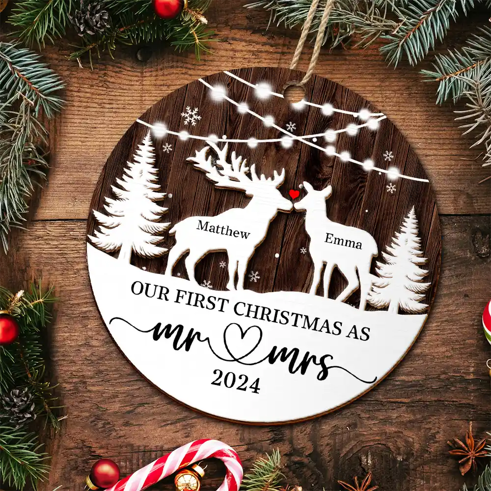 Deer Couple Our First Christmas As Mr. & Mrs. - Personalized 2-Layered Wooden Ornament ORNA1210