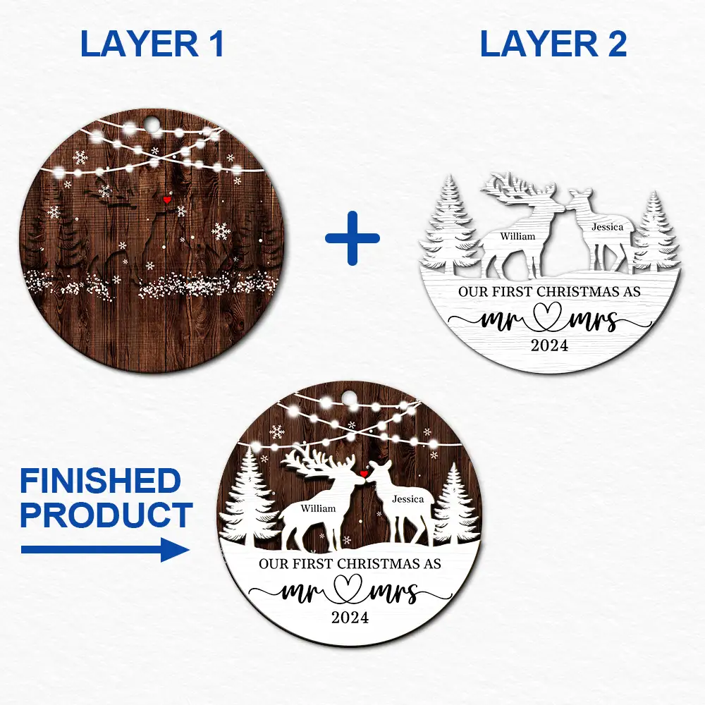 Deer Couple Our First Christmas As Mr. & Mrs. - Personalized 2-Layered Wooden Ornament ORNA1210