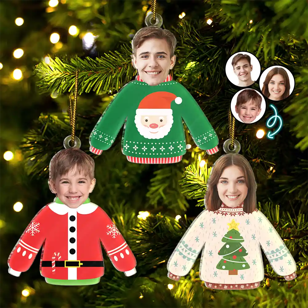 Custom Photo Funny Family Faces Hanging Christmas Sweater - Personalized Cutout Acrylic Ornament ORNA1210
