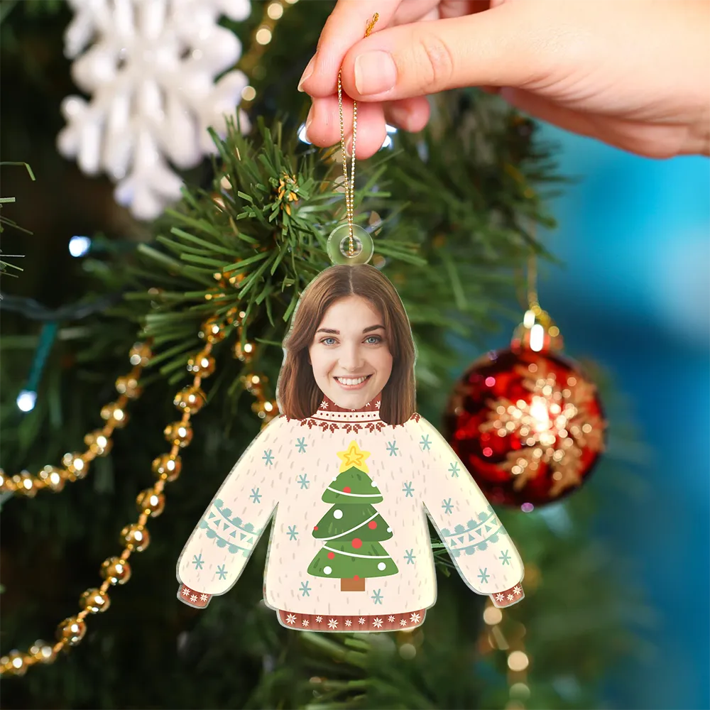 Custom Photo Funny Family Faces Hanging Christmas Sweater - Personalized Cutout Acrylic Ornament ORNA1210