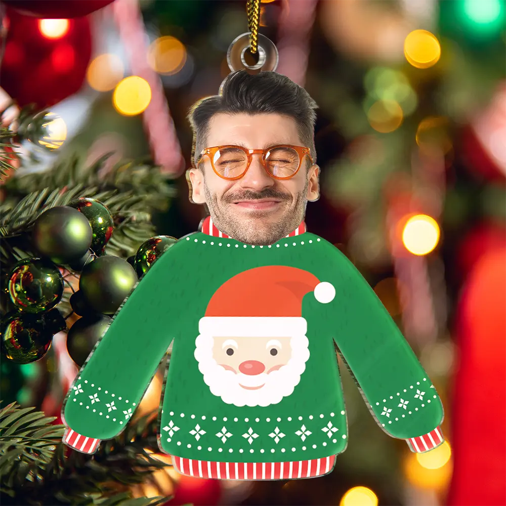 Custom Photo Funny Family Faces Hanging Christmas Sweater - Personalized Cutout Acrylic Ornament ORNA1210