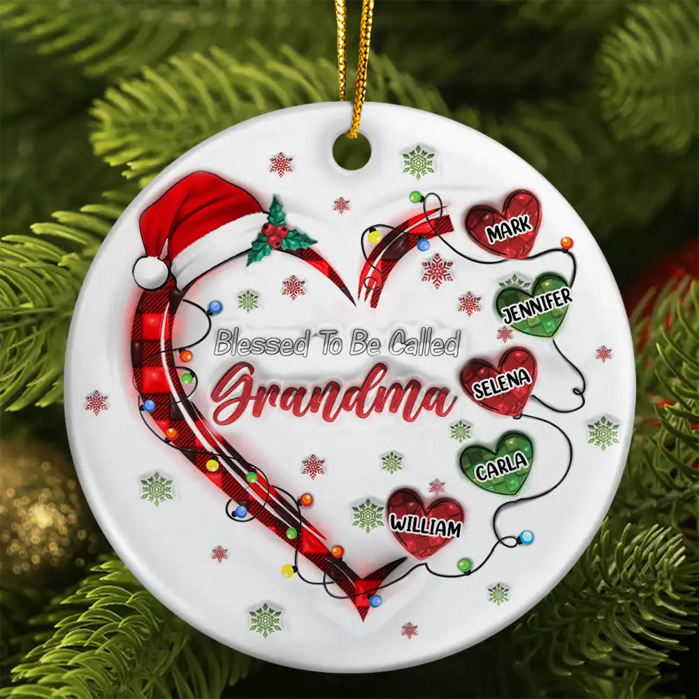 Blessed To Be Called Grandma Christmas Heartstrings - 3D Inflated Effect Printed Ornament, Personalized Circle Ceramic Ornament ORNA1210