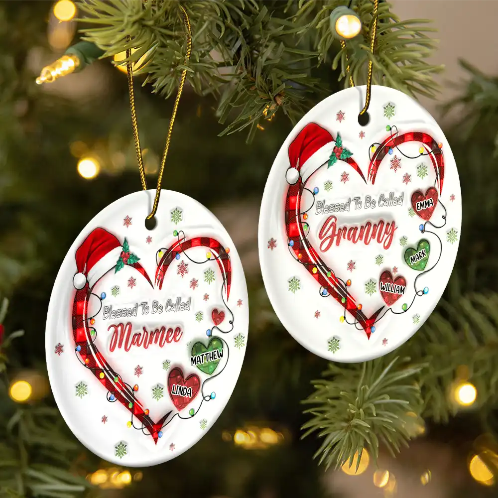 Blessed To Be Called Grandma Christmas Heartstrings - 3D Inflated Effect Printed Ornament, Personalized Circle Ceramic Ornament ORNA1210