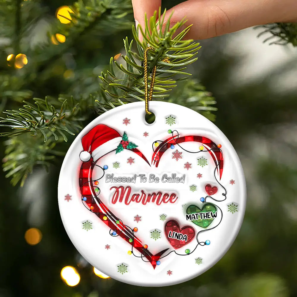 Blessed To Be Called Grandma Christmas Heartstrings - 3D Inflated Effect Printed Ornament, Personalized Circle Ceramic Ornament ORNA1210