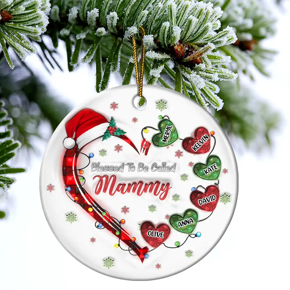 Blessed To Be Called Grandma Christmas Heartstrings - 3D Inflated Effect Printed Ornament, Personalized Circle Ceramic Ornament ORNA1210