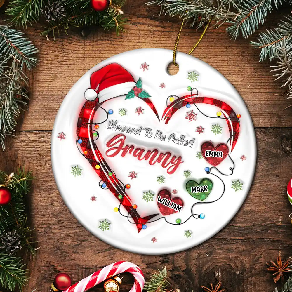 Blessed To Be Called Grandma Christmas Heartstrings - 3D Inflated Effect Printed Ornament, Personalized Circle Ceramic Ornament ORNA1210