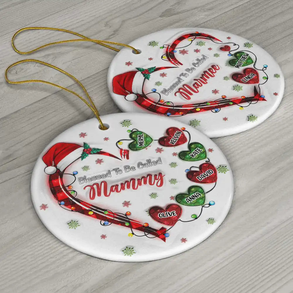 Blessed To Be Called Grandma Christmas Heartstrings - 3D Inflated Effect Printed Ornament, Personalized Circle Ceramic Ornament ORNA1210